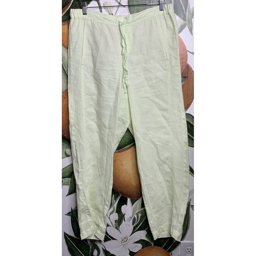 Love Linen J Jill Medium Yellow Green Elastic Back Drawstring Ankle Pants Pocket